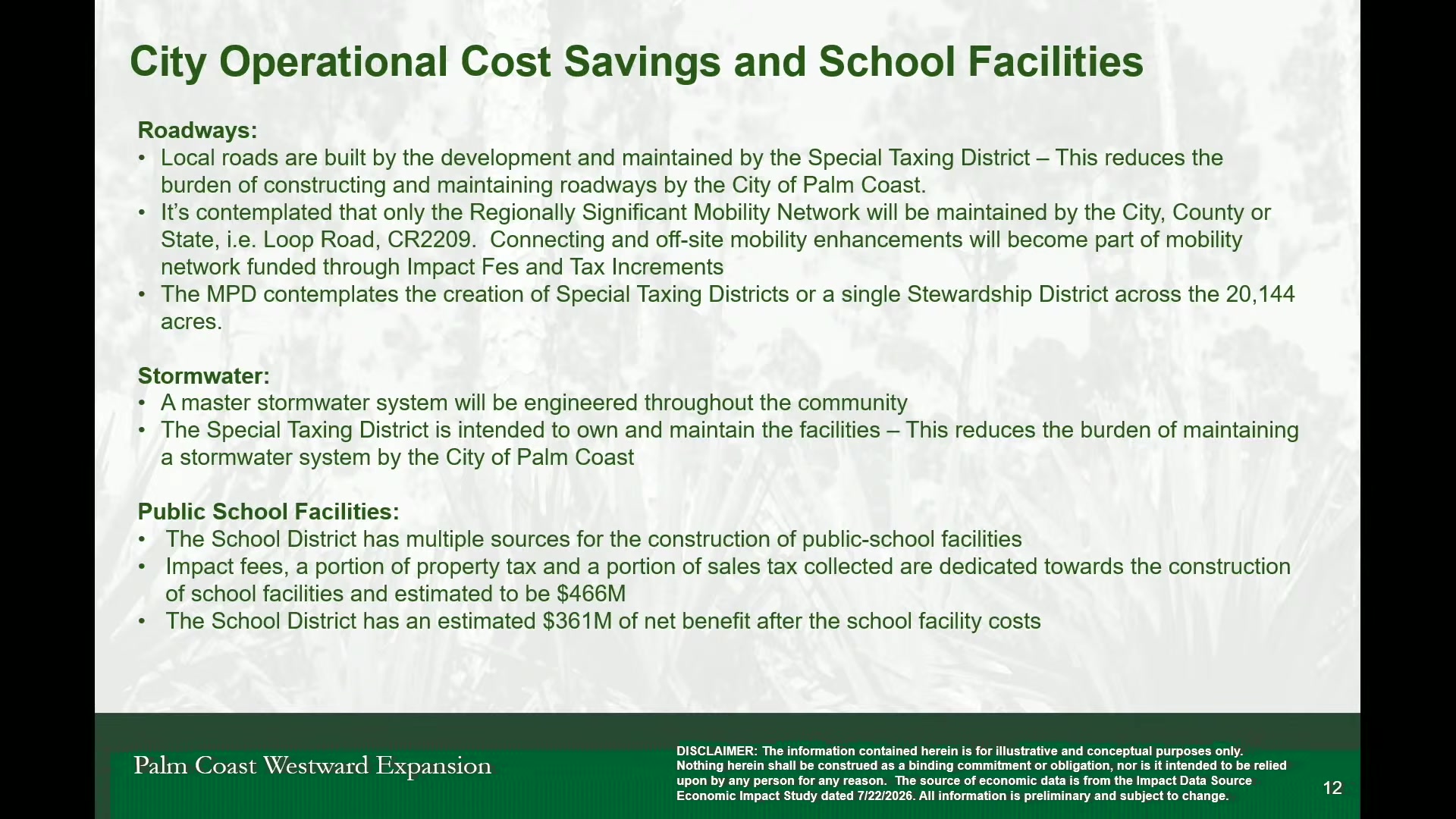 Slide titled "City Operational Cost Savings and School Facilities," presented at the August 4, 2026 Palm Coast City Council meeting, describing roadways and stormwater maintained by a Special Taxing District