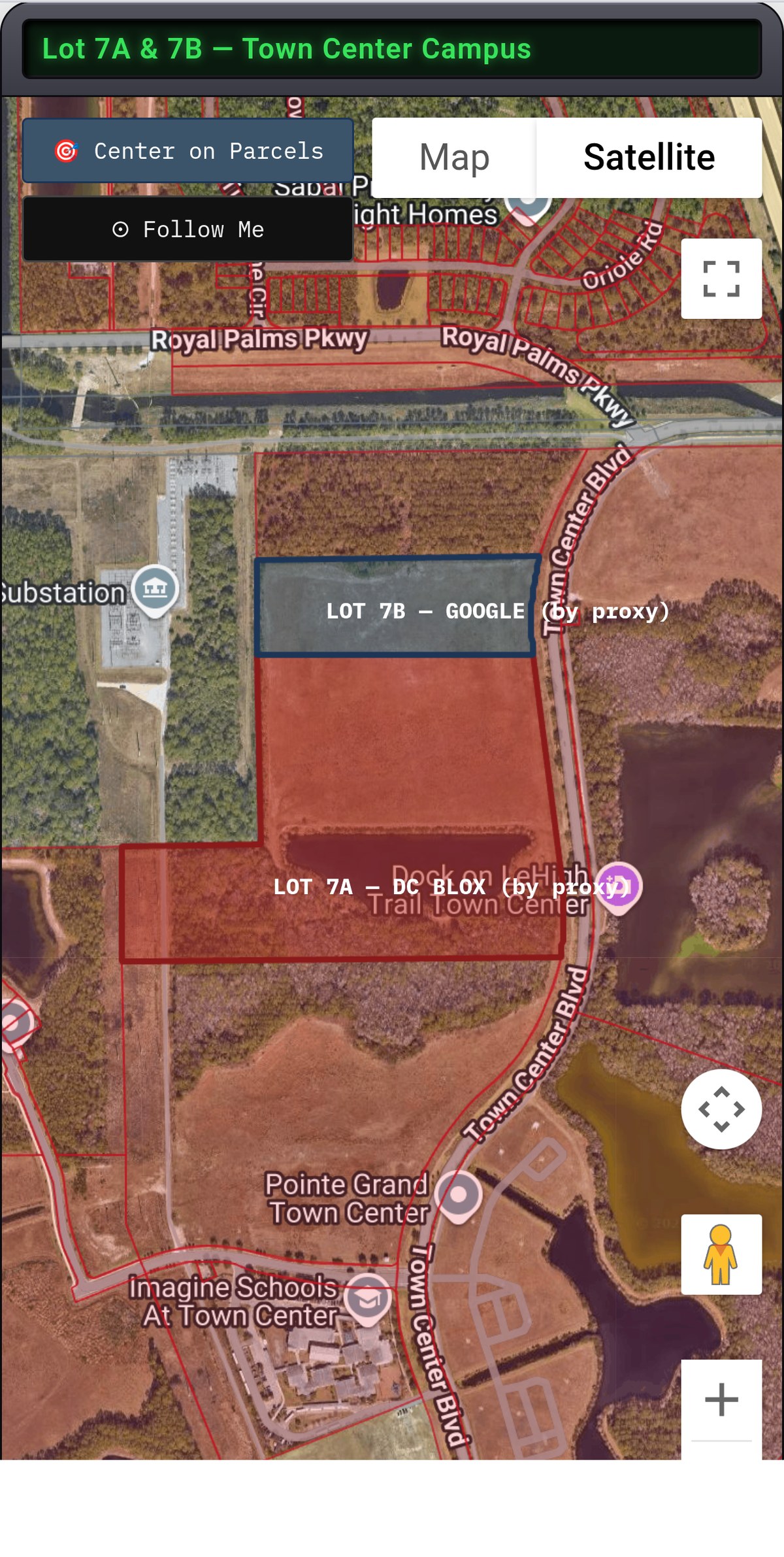 Satellite map of Lot 7A and Lot 7B, the Town Center parcels where the cable landing station sits