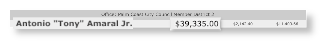 Campaign finance report showing Antonio "Tony" Amaral Jr., Palm Coast City Council Member District 2, $39,335.00 raised