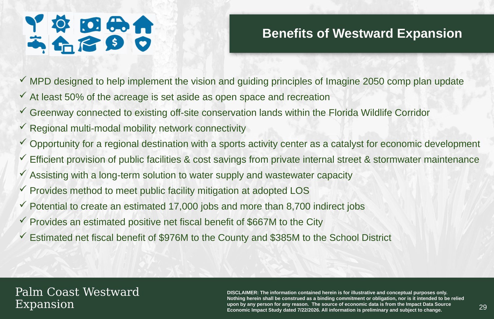 Slide 29 of the applicant's August 4, 2026 presentation, titled 'Benefits of Westward Expansion,' listing a $667M net fiscal benefit to the City, $976M to the County, and $385M to the School District